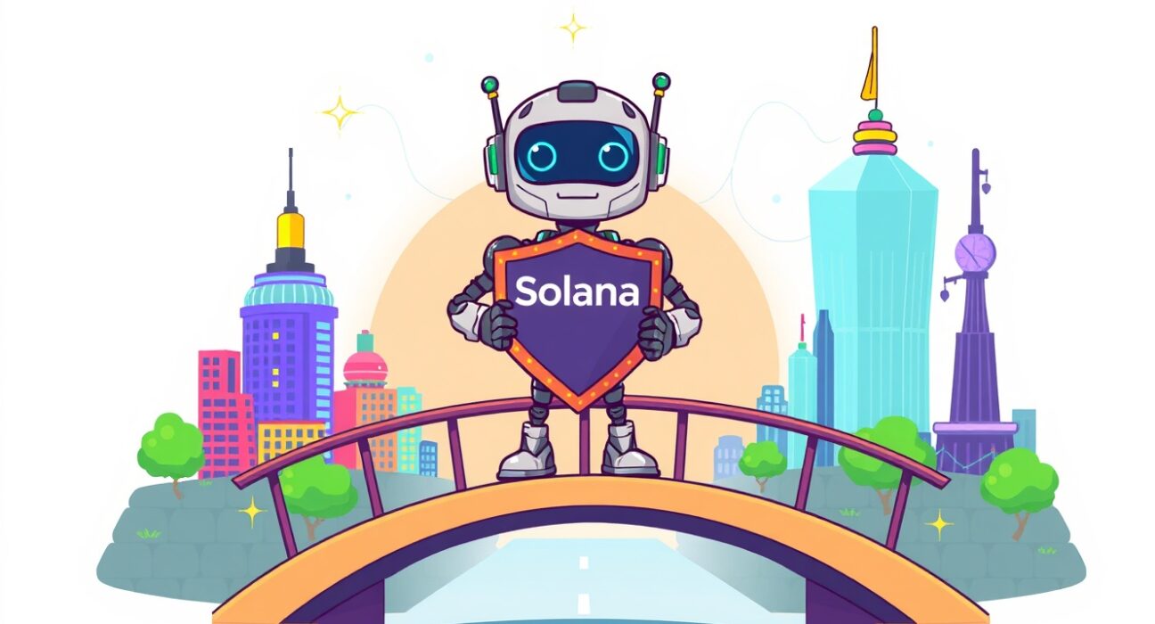 A vibrant cartoon illustration symbolizing dYdX enabling Solana spot trading for U.S. users in the DeFi landscape.