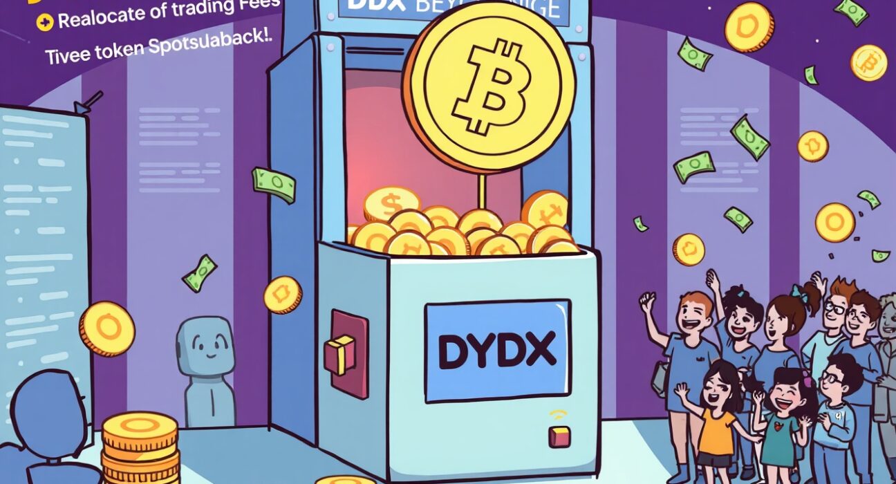 Cartoon showing dYdX community approving a governance proposal to boost DYDX token buybacks by using all trading fees.