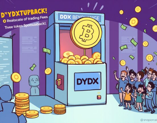 Cartoon showing dYdX community approving a governance proposal to boost DYDX token buybacks by using all trading fees.