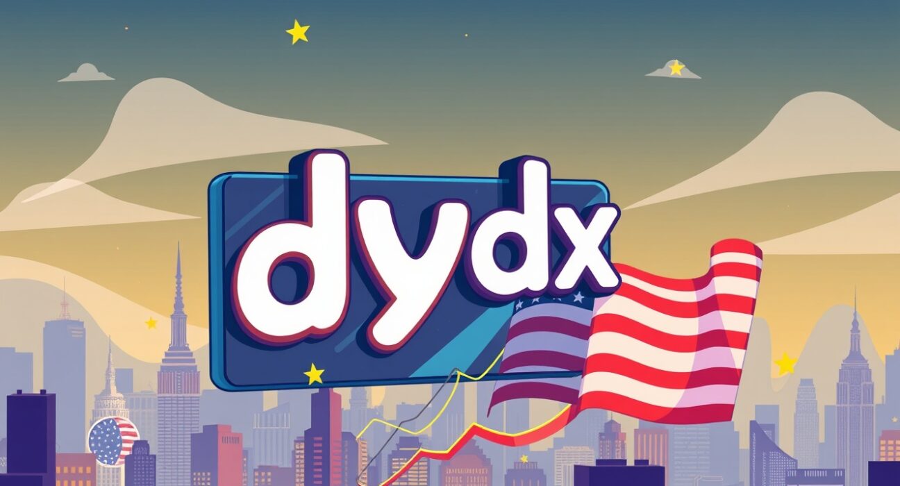 Cartoon illustrating dYdX's exciting expansion into the dYdX US market, symbolizing new trading opportunities for users.