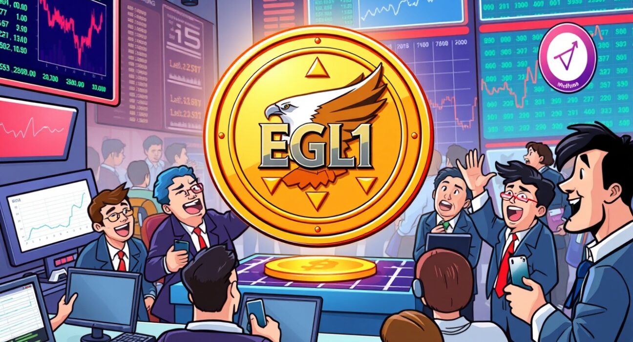 An illustration of a digital coin representing Eagles Landing EGL1 being added to a crypto exchange, symbolizing its new listing on Coinone.