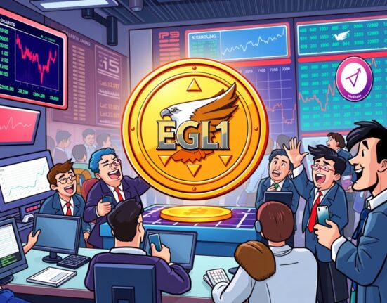 An illustration of a digital coin representing Eagles Landing EGL1 being added to a crypto exchange, symbolizing its new listing on Coinone.