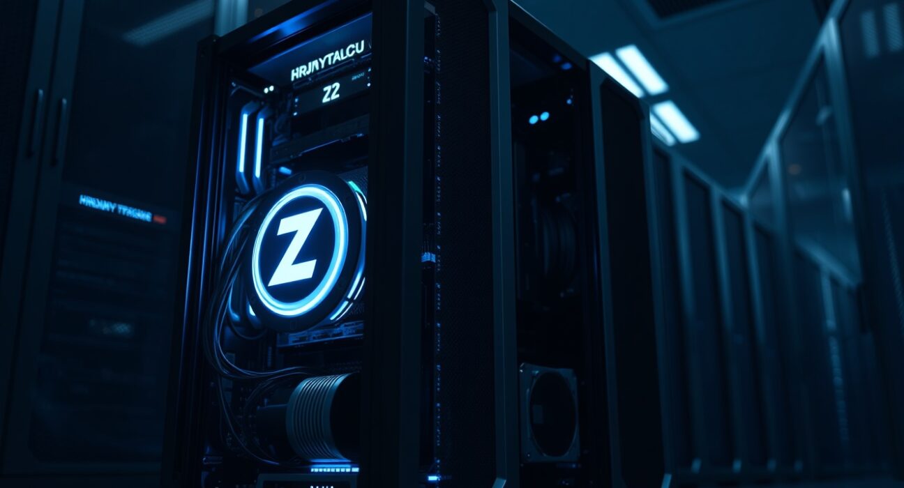 Cryptocurrency mining rig with a glowing Zcash logo in a modern data center