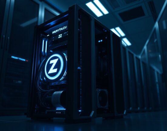 Cryptocurrency mining rig with a glowing Zcash logo in a modern data center