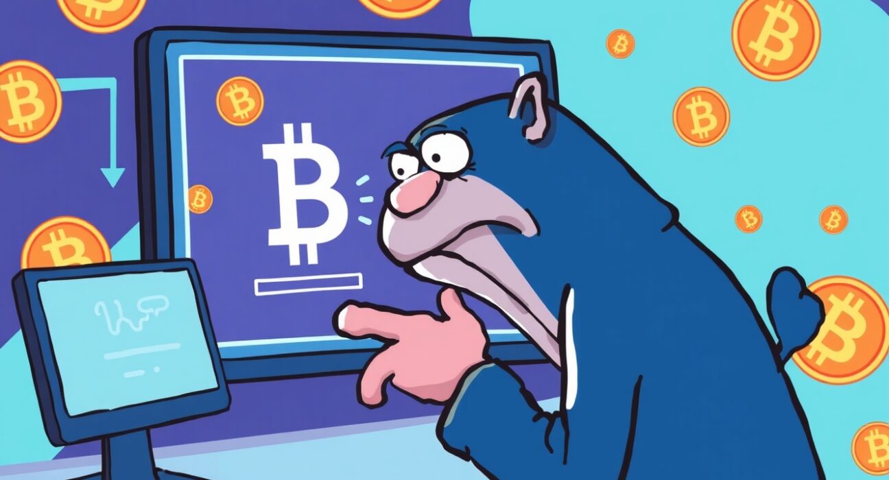 Cartoon illustration of an early Bitcoin holder making a massive BTC sale, symbolizing significant market movement.