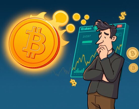 An illustration of an early Bitcoin investor making a large digital transfer to Kraken, symbolizing significant market activity.