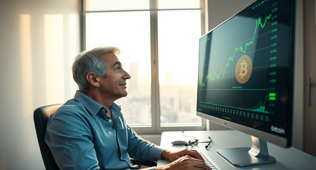 A professional man in a home office looking at a Bitcoin price chart on a monitor, representing a long-term crypto investor.