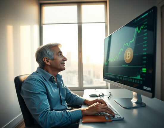 A professional man in a home office looking at a Bitcoin price chart on a monitor, representing a long-term crypto investor.