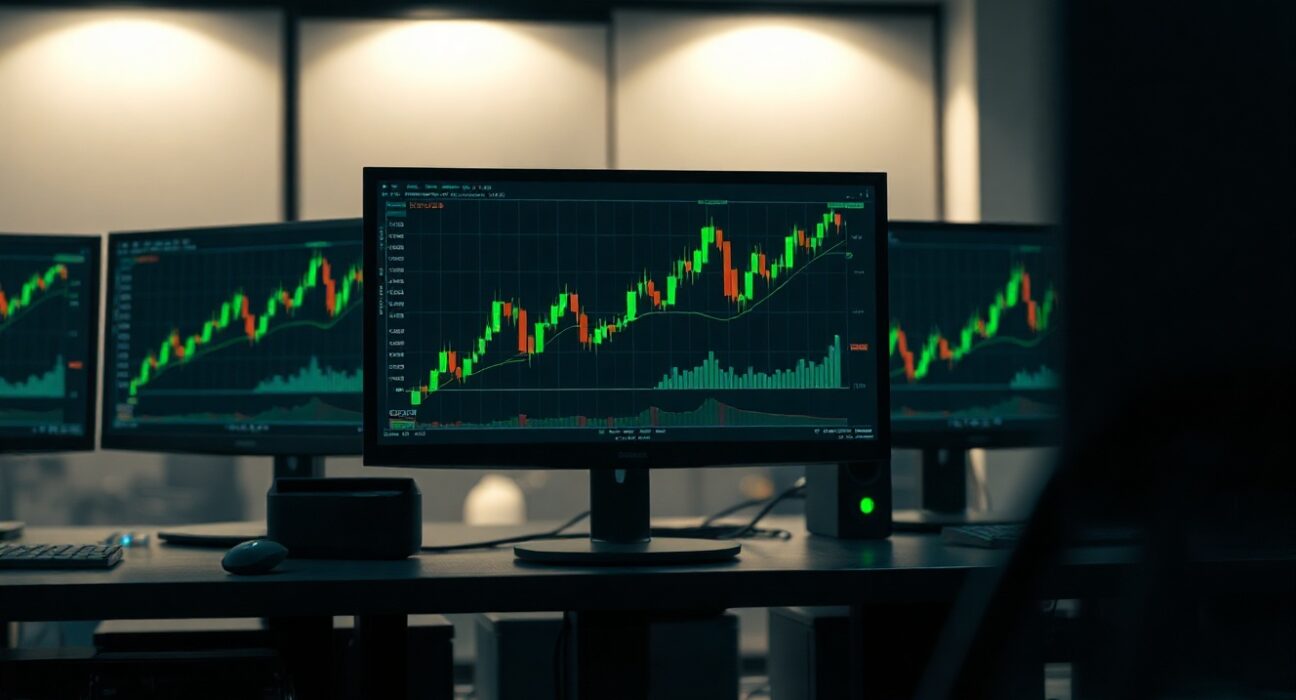 Trading desk with monitors showing cryptocurrency charts, representing whale investment activity.