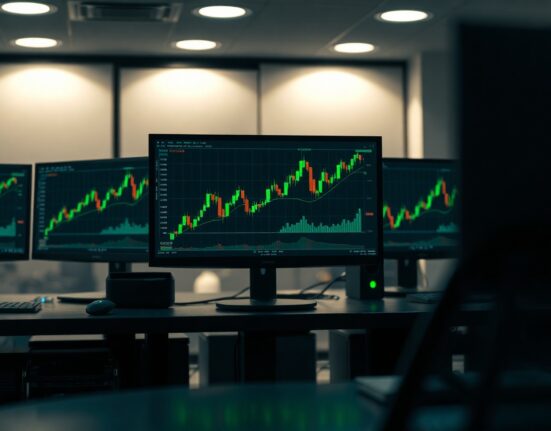 Trading desk with monitors showing cryptocurrency charts, representing whale investment activity.