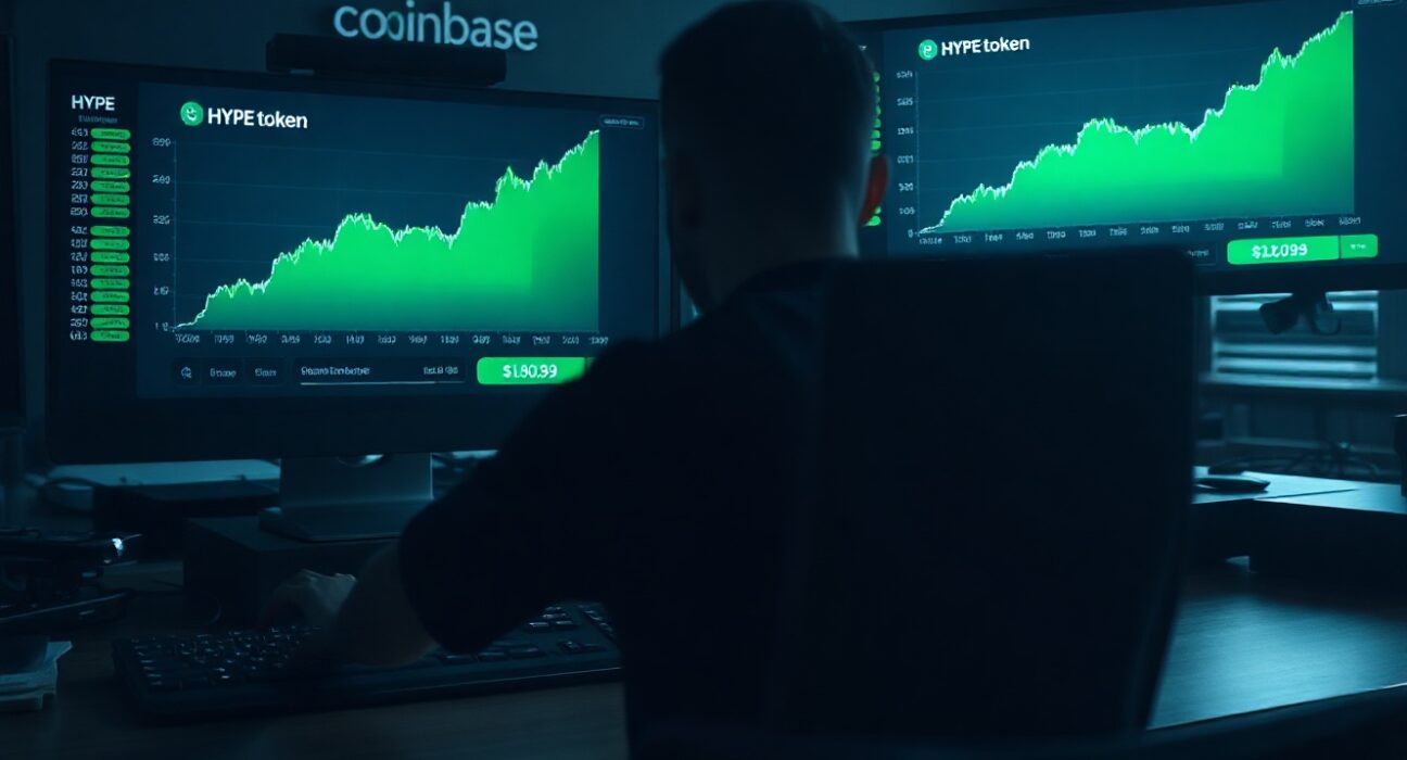 Trader at a desk with monitors showing a Coinbase interface and a rising HYPE token chart, representing a large cryptocurrency deposit.