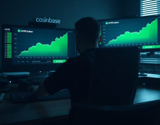 Trader at a desk with monitors showing a Coinbase interface and a rising HYPE token chart, representing a large cryptocurrency deposit.