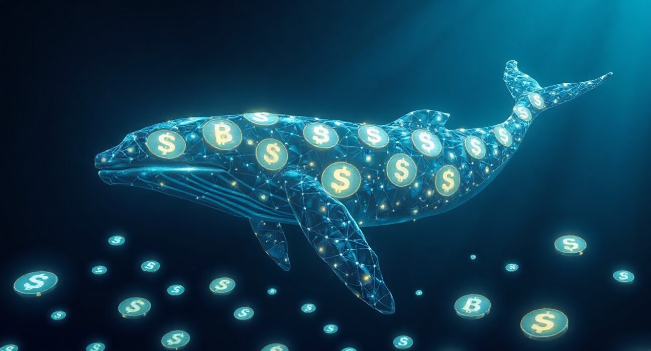 Digital whale swimming through ocean of SHIB tokens representing large cryptocurrency holder selling