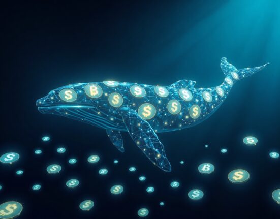 Digital whale swimming through ocean of SHIB tokens representing large cryptocurrency holder selling