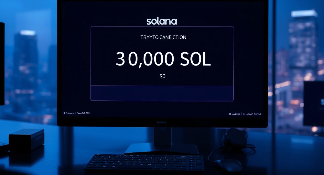A trading monitor displays a large Solana transaction of 30,000 SOL in a dimly lit office.