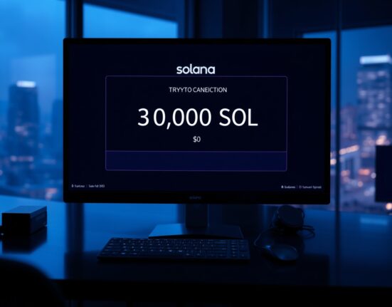 A trading monitor displays a large Solana transaction of 30,000 SOL in a dimly lit office.