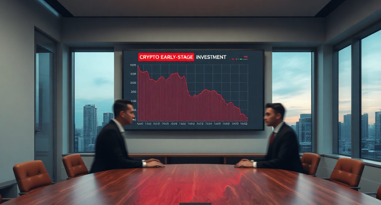 Boardroom with digital screen showing declining crypto investment chart, two blurred executives seated