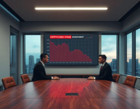 Boardroom with digital screen showing declining crypto investment chart, two blurred executives seated