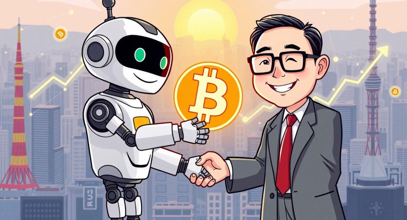 A cartoon illustrating a partnership to help Japanese businesses earn yield on Bitcoin through staking and DeFi.