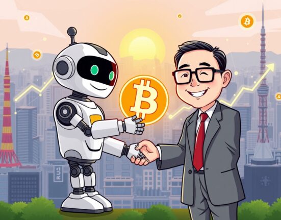 A cartoon illustrating a partnership to help Japanese businesses earn yield on Bitcoin through staking and DeFi.