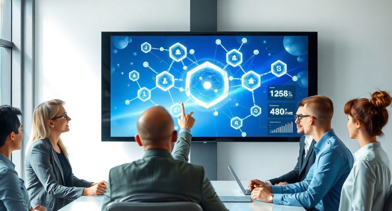 Professionals reviewing blockchain advertising metrics on a large digital screen in a modern office