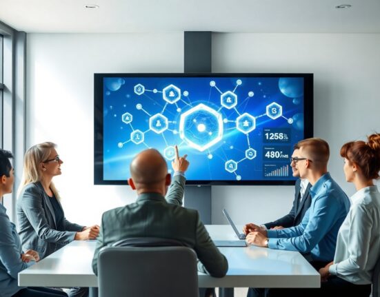 Professionals reviewing blockchain advertising metrics on a large digital screen in a modern office