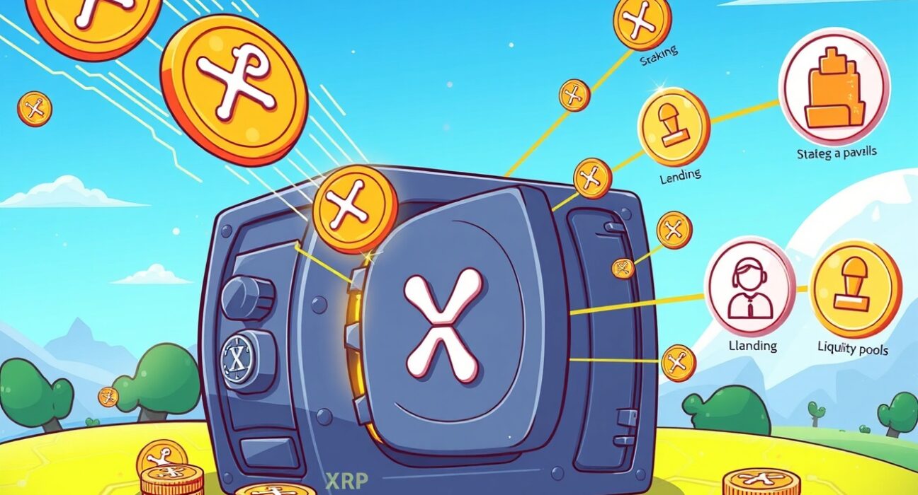 A vibrant cartoon illustration showing the earnXRP product generating XRP yield from a digital vault.
