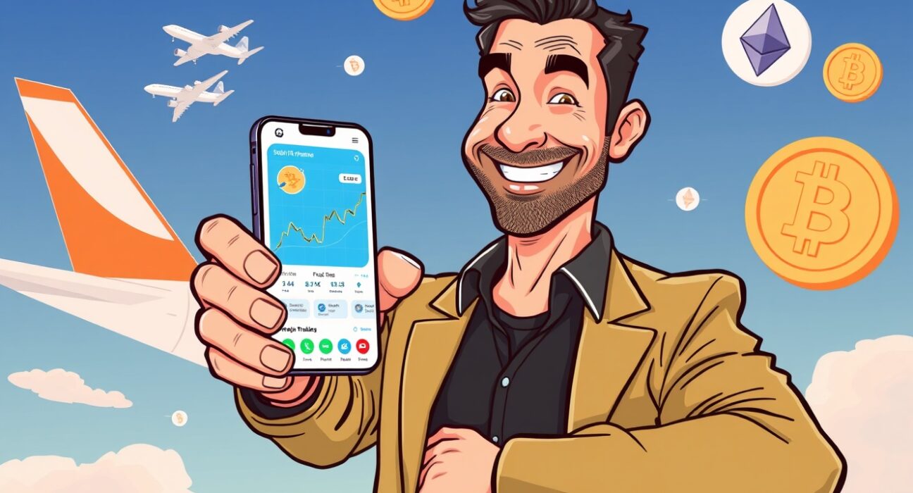 Cartoon illustration showing the launch of a new cryptocurrency trading app, symbolizing innovation and accessibility in digital finance.