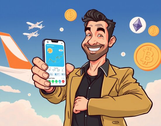 Cartoon illustration showing the launch of a new cryptocurrency trading app, symbolizing innovation and accessibility in digital finance.