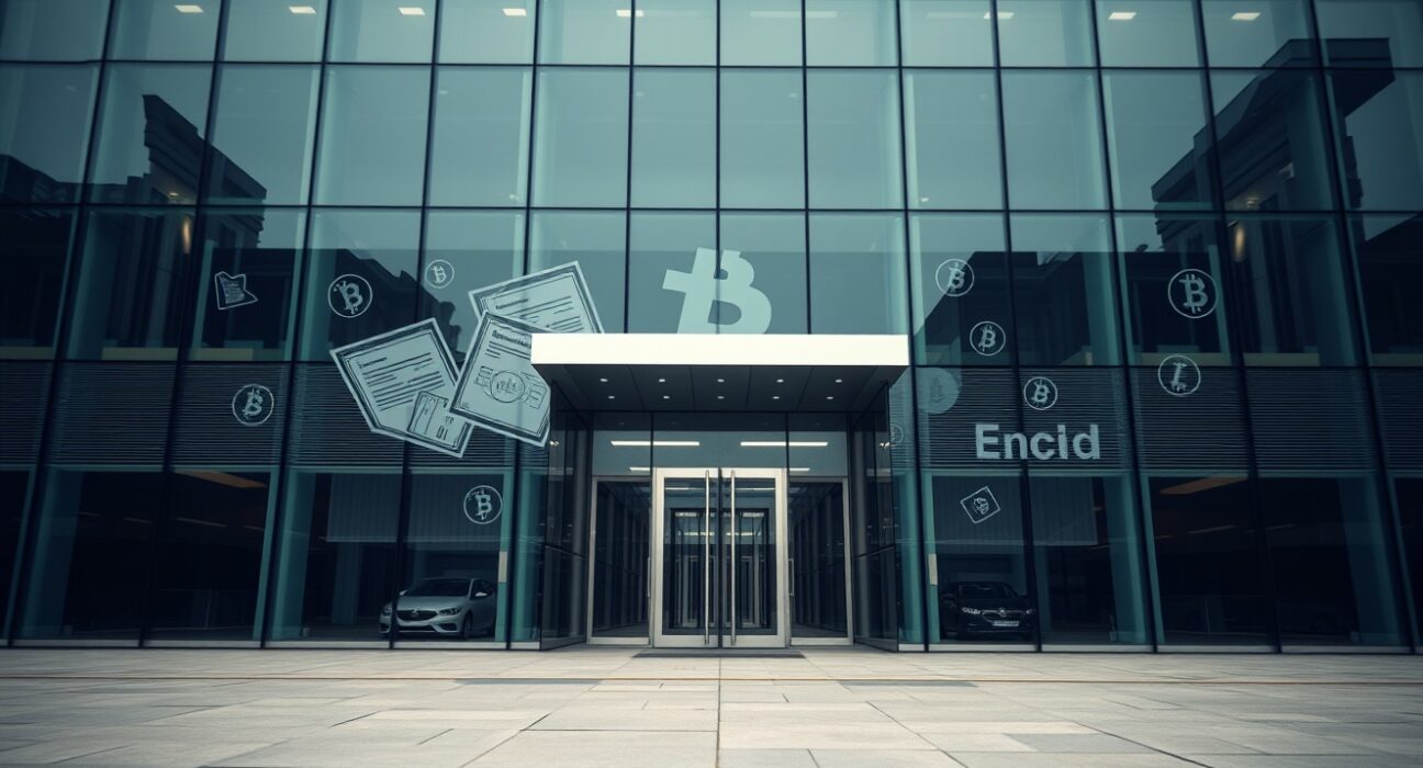 European Banking Authority building in Brussels with digital crypto symbols overlay representing new regulatory fines.