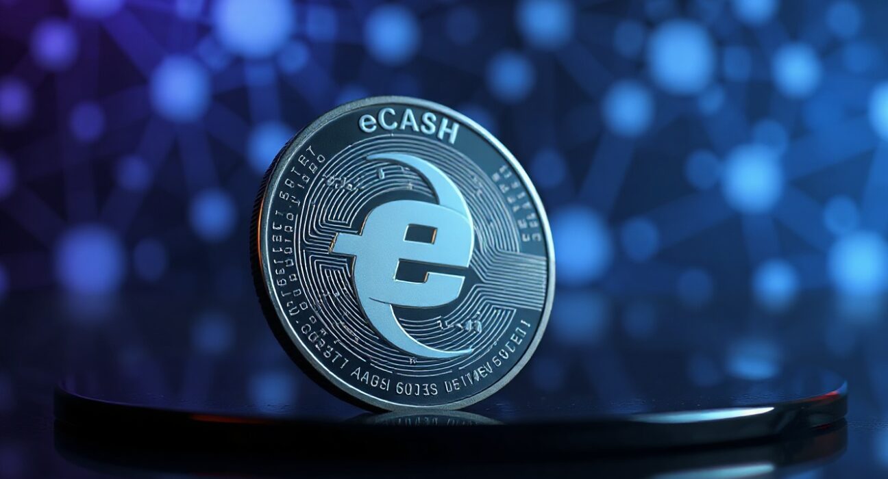 eCash (XEC) digital coin on reflective surface with blockchain network background