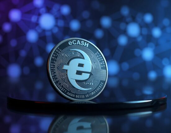 eCash (XEC) digital coin on reflective surface with blockchain network background