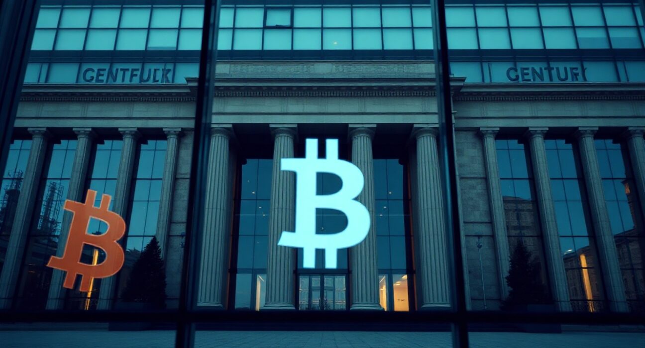 European Central Bank headquarters in Frankfurt with faint digital Bitcoin reflection on glass