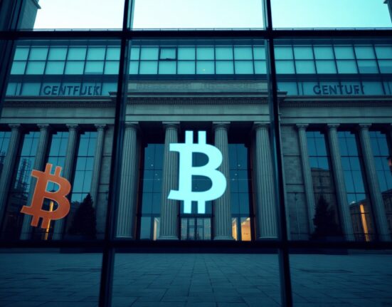 European Central Bank headquarters in Frankfurt with faint digital Bitcoin reflection on glass