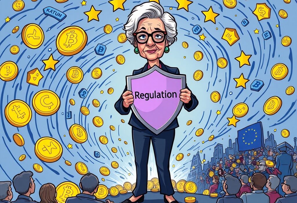 A cartoon illustration of Christine Lagarde championing robust stablecoin legislation to protect EU financial stability.