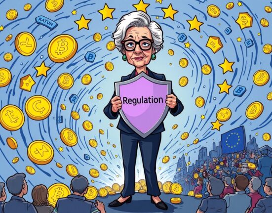 A cartoon illustration of Christine Lagarde championing robust stablecoin legislation to protect EU financial stability.