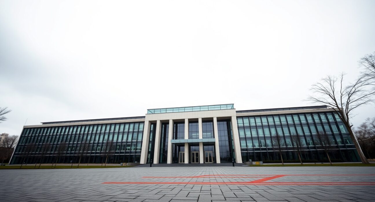 European Central Bank headquarters in Frankfurt on an overcast day