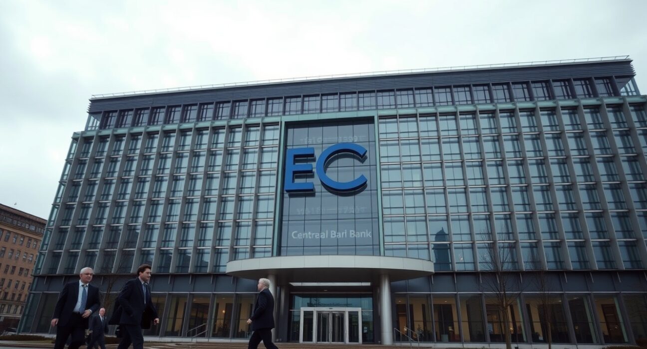 European Central Bank headquarters in Frankfurt on a cloudy day, symbolizing cautious monetary policy