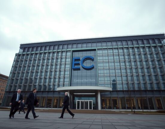European Central Bank headquarters in Frankfurt on a cloudy day, symbolizing cautious monetary policy