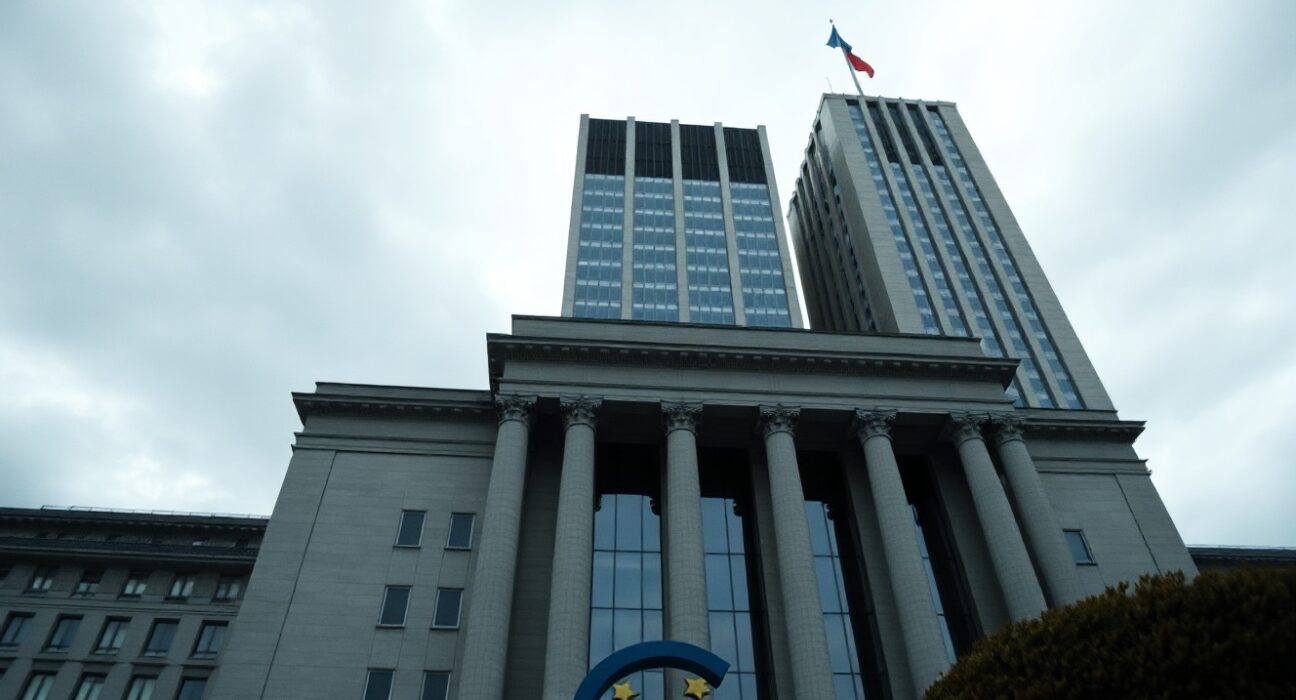 European Central Bank headquarters in Frankfurt under overcast sky