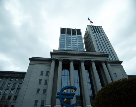 European Central Bank headquarters in Frankfurt under overcast sky