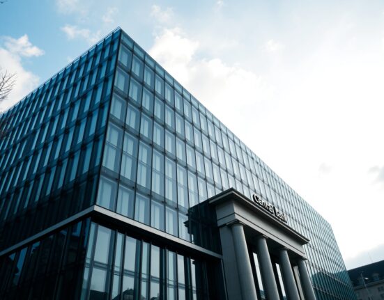 European Central Bank headquarters in Frankfurt, Germany, on a clear day.