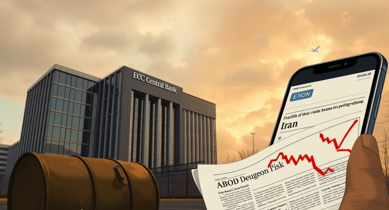 ECB headquarters in Frankfurt with geopolitical and economic crisis symbols, illustrating the data-dependent path amid Iran shock.