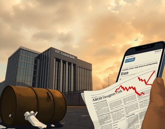 ECB headquarters in Frankfurt with geopolitical and economic crisis symbols, illustrating the data-dependent path amid Iran shock.