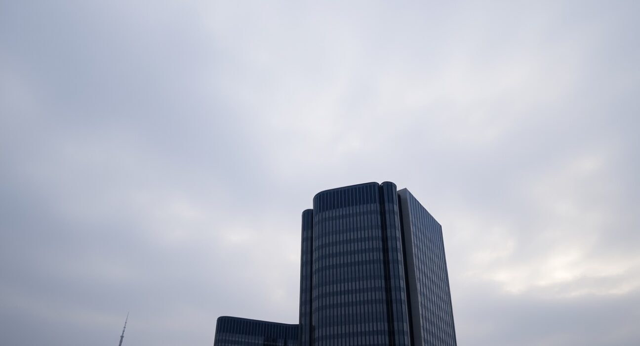 European Central Bank headquarters in Frankfurt under overcast sky, reflecting economic uncertainty