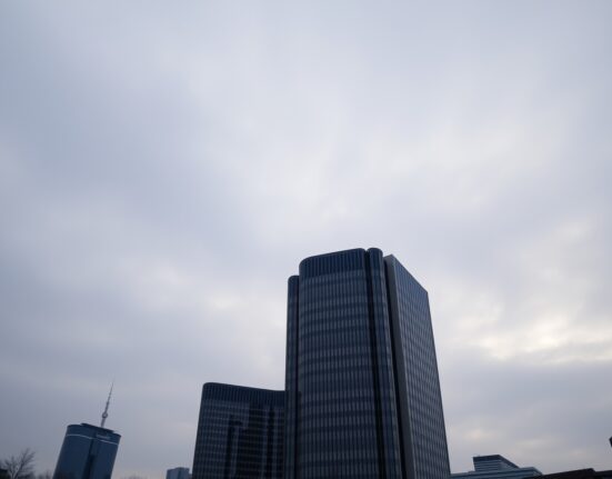 European Central Bank headquarters in Frankfurt under overcast sky, reflecting economic uncertainty
