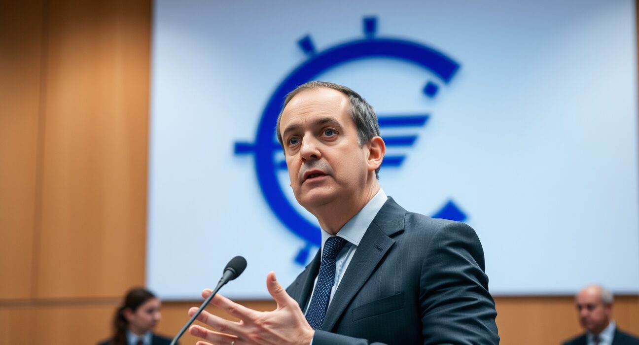 ECB Vice President Luis de Guindos speaking at a press conference in Frankfurt