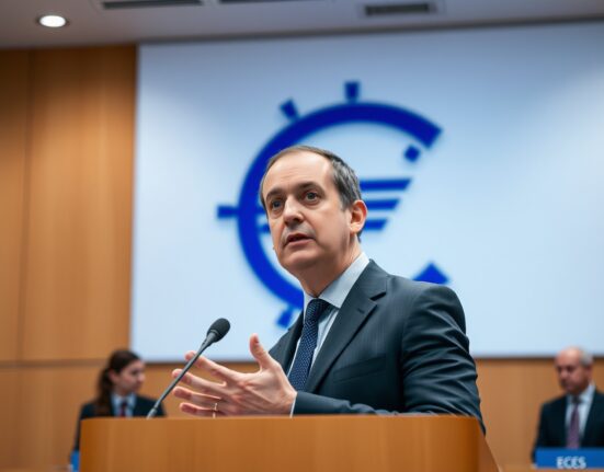 ECB Vice President Luis de Guindos speaking at a press conference in Frankfurt