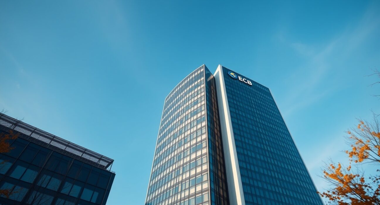 European Central Bank headquarters in Frankfurt under a clear blue sky