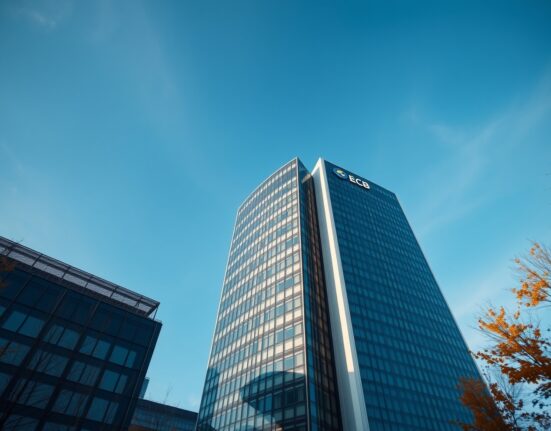 European Central Bank headquarters in Frankfurt under a clear blue sky